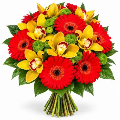 Strauß aus roten Gerbera und Orchideen